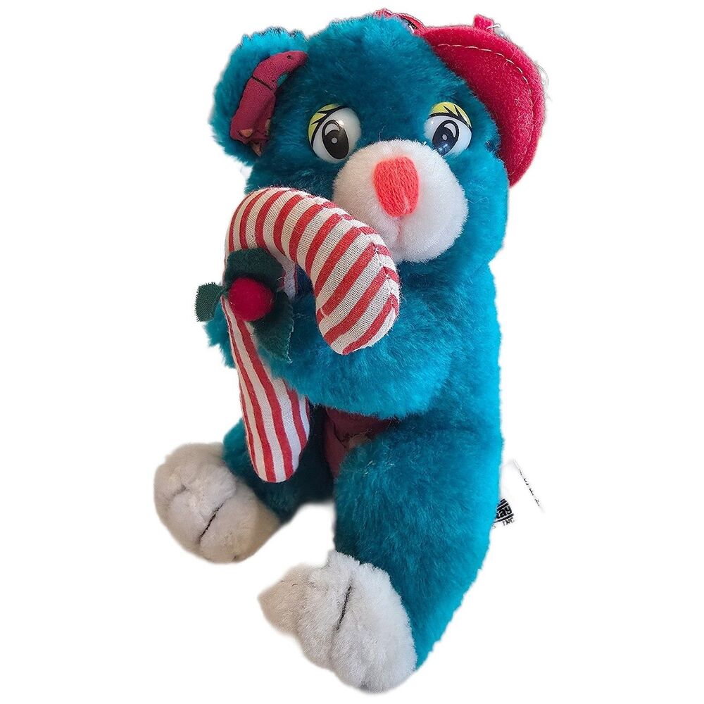 Vtg 80s Sunray Toys Blue‎ Bear Plush 7" Candy Cane Great America Carnival Prize
